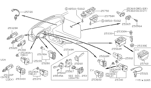 1992 Nissan 240SX Switch Assy-Door Diagram for 25360-10V00