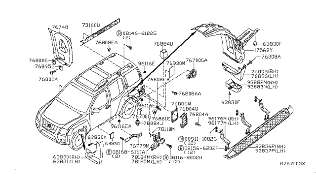 2008 Nissan Xterra INSULATOR Body Side Diagram for 76883-EA00A