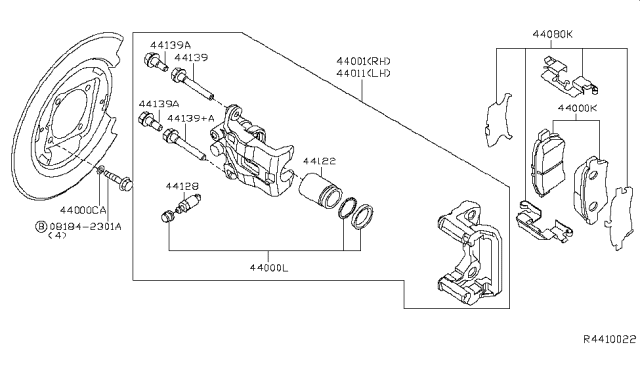 2009 Nissan Xterra CALIPER Assembly-Rear RH,W/O Pads Or SHIMS Diagram for 44001-EA04B
