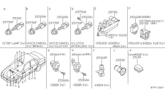 2001 Nissan Sentra Switch Assy-Hood Diagram for 25360-5M000