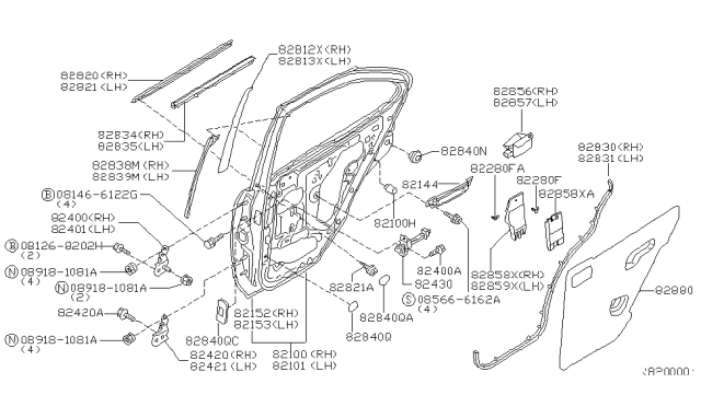 2001 Nissan Sentra Pad-Rear Door Inner,LH Diagram for 82857-5M000