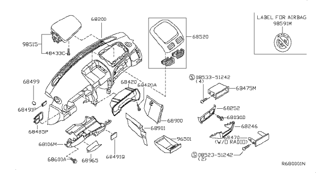 2001 Nissan Sentra Instrument Panel,Pad & Cluster Lid Diagram 3