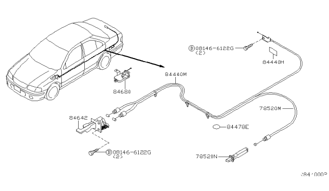2000 Nissan Sentra Cable-Trunk Lid & Gas Filler Opener Diagram for 84650-5M000