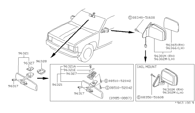 1988 Nissan Hardbody Pickup (D21) Mirror Assembly Inside Brown Diagram for 96321-10G13