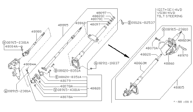 1992 Nissan Hardbody Pickup (D21) Column Assembly-Steering Impact Absorbing Diagram for 48805-67G00