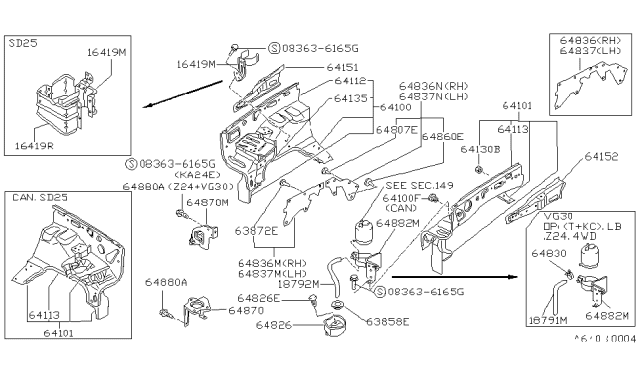 1993 Nissan Hardbody Pickup (D21) HOODLEDGE Assembly-L Diagram for 64101-57G30