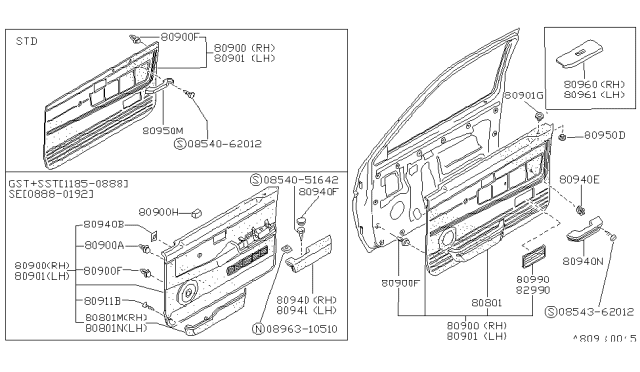 1989 Nissan Hardbody Pickup (D21) FINISHER Assembly Front Door LH Diagram for 80901-01G65