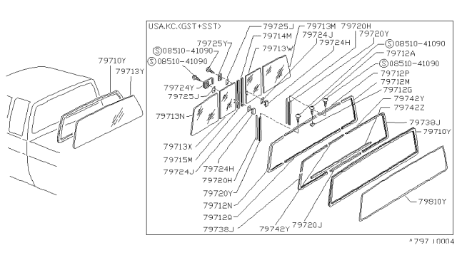 1989 Nissan Hardbody Pickup (D21) Glass-Back Window Slide Diagram for 79730-01G10