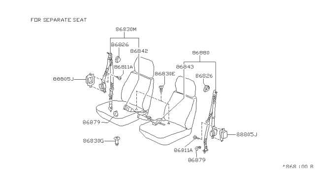 1990 Nissan Hardbody Pickup (D21) Belt Assembly Front Seat Buckle Right Diagram for 86842-12G00