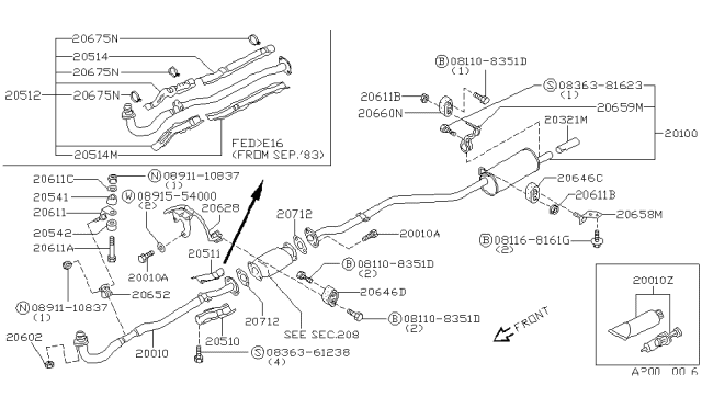 1984 Nissan Pulsar NX Exhaust Muffler Assembly Diagram for 20100-16M10