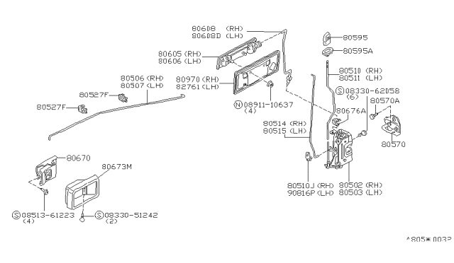 1985 Nissan Pulsar NX Door Inside Handle Assembly, Right Diagram for 80670-01M62