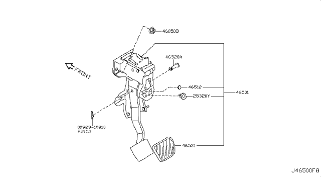 2013 Nissan Rogue Pedal Assy-Brake W/Bracket Diagram for 46501-3ZA0B