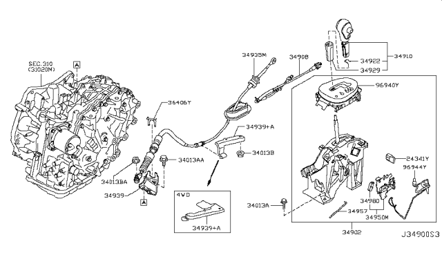 2011 Nissan Juke Knob Assembly-Control Lever Auto Diagram for 34910-1KF4A