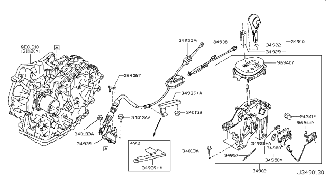 2015 Nissan Juke Knob Assy-Control Lever,Auto Diagram for 34910-3YW1A