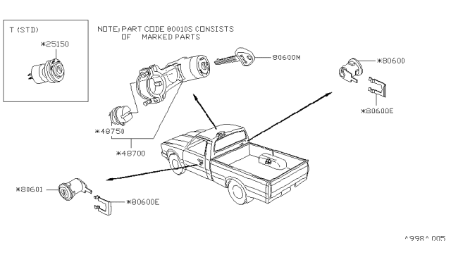 1986 Nissan 720 Pickup Key Set Cylinder Lock Diagram for 99810-20W27