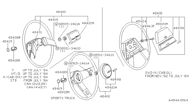 1982 Nissan 720 Pickup Steering Wheel Assembly Diagram for 48400-11W16