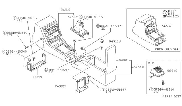 1985 Nissan 720 Pickup Console Box Floor Diagram for 96910-08W21