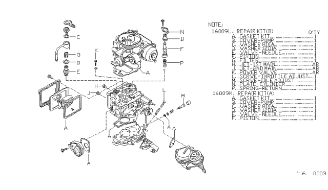 1986 Nissan 720 Pickup CARBURETOR Kit A Diagram for 16009-61W00