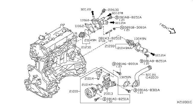 2011 Nissan Sentra Engine Coolant Outlet Flange Diagram for 11060-ET00B
