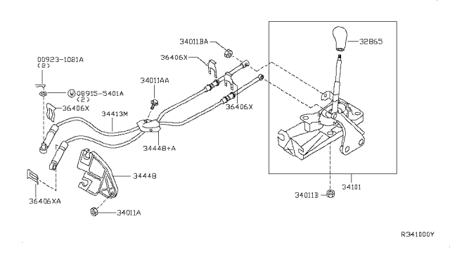 2008 Nissan Sentra Manual Transmission Control Cable Assembly Diagram for 34413-ET000