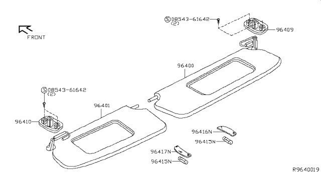 2010 Nissan Sentra Right Sun Visor Assembly Diagram for 96400-ET10C