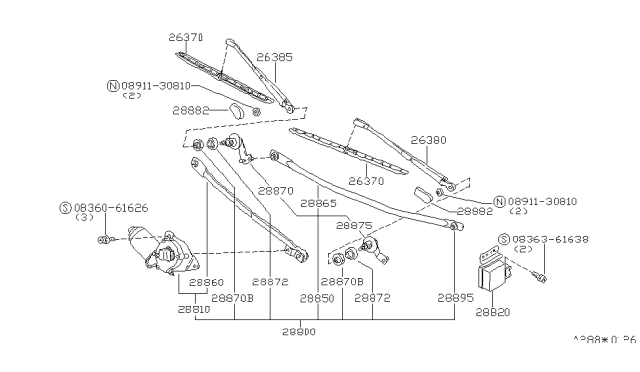 1983 Nissan 280ZX Windshield Wiper Blade Assembly Diagram for 28890-P8001