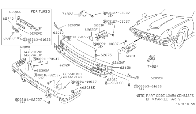 1982 Nissan 280ZX Front Bumper Cover Diagram for 62050-P9120