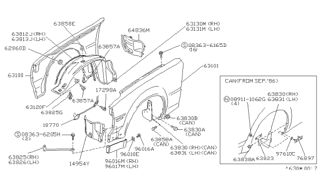 1989 Nissan 300ZX Protector-Front Fender LH Diagram for 63843-21P01