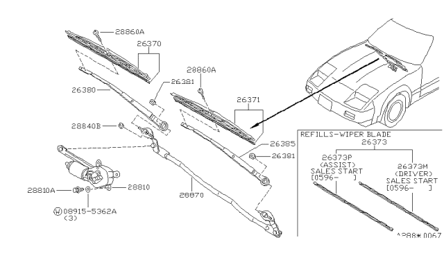 1985 Nissan 300ZX Windshield Wiper Arm Assembly Diagram for 28885-01P20
