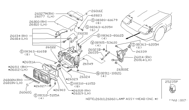 1987 Nissan 300ZX Passenger Side Headlight Assembly Diagram for 26010-01P00