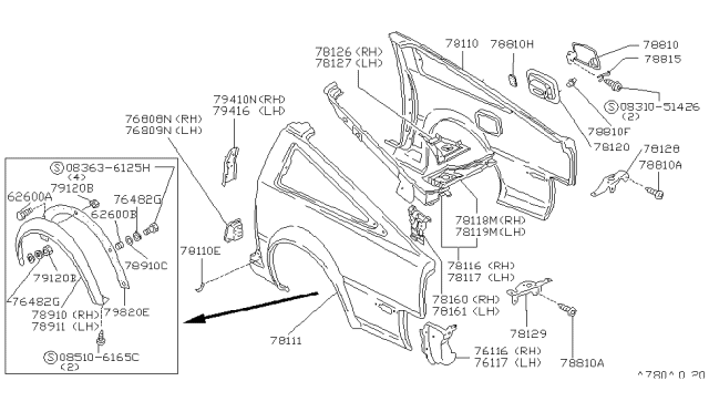 1986 Nissan 300ZX Fender Assembly Rear Diagram for 78113-21P00