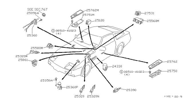 1986 Nissan 300ZX Switch Assembly Power Window Front Passenger Side Diagram for 25411-19P00