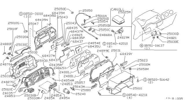 1984 Nissan 300ZX Multi Gauge Display Assembly Diagram for 24821-02P41
