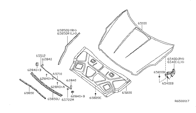 2012 Nissan Altima Hood Assembly Diagram for 65100-ZX00A