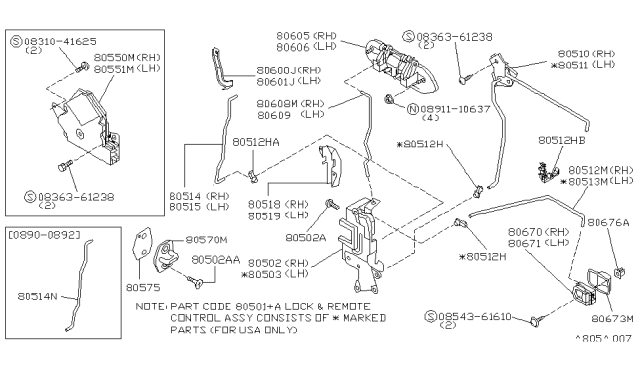 1993 Nissan Sentra Door Lock Actuator Motor Front Right Diagram for 80552-50Y61