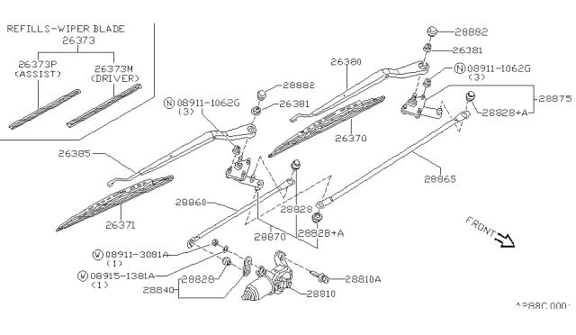 1992 Nissan Sentra Windshield Wiper Arm Assembly Diagram for 28886-65Y05