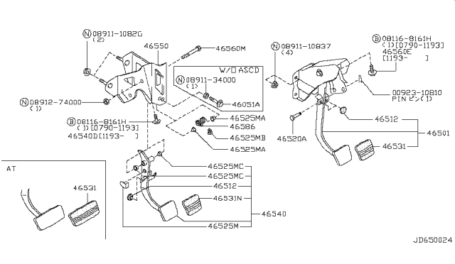 1993 Nissan Sentra Pedal Assy-Brake W/Bracket Diagram for 46501-64Y05