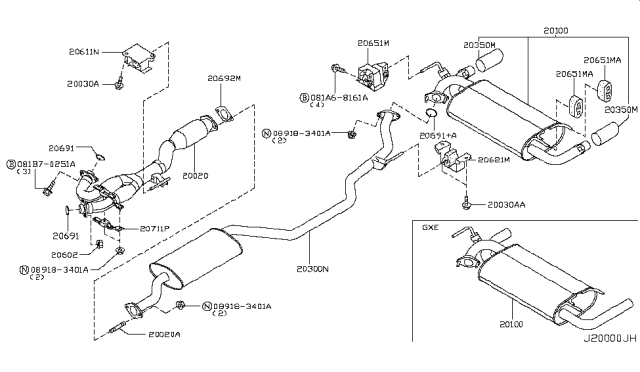 2007 Nissan Murano Exhaust, Sub Muffler Assembly Diagram for 20300-CC000