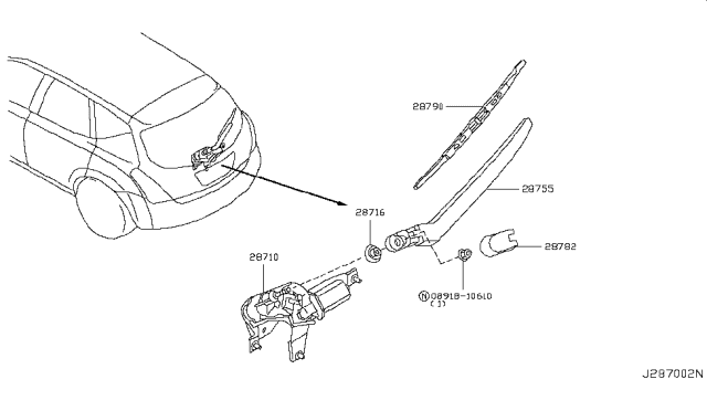 2005 Nissan Murano Rear Window Wiper Arm Assembly Diagram for 28781-CA000