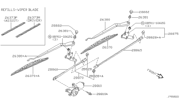2001 Nissan Pathfinder Windshield Wiper Arm Assembly Diagram for 28886-0W001