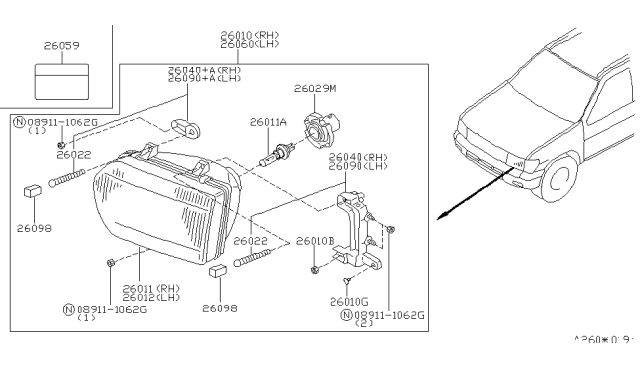 1999 Nissan Pathfinder Passenger Side Headlamp Assembly Diagram for 26010-2W625