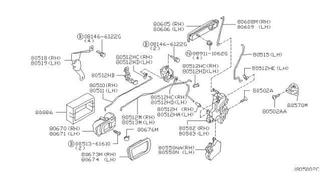 2002 Nissan Pathfinder Rear Door Inside Handle Assembly, Right Diagram for 80670-0W006