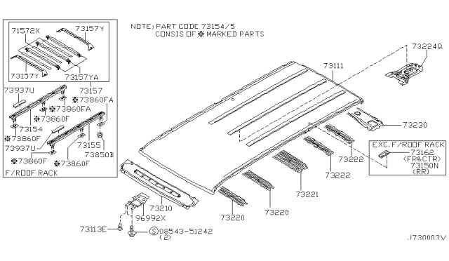 2000 Nissan Pathfinder Roof Panel & Fitting Diagram 1