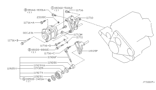 2002 Nissan Pathfinder Bracket Alternator Diagram for 11710-0W011