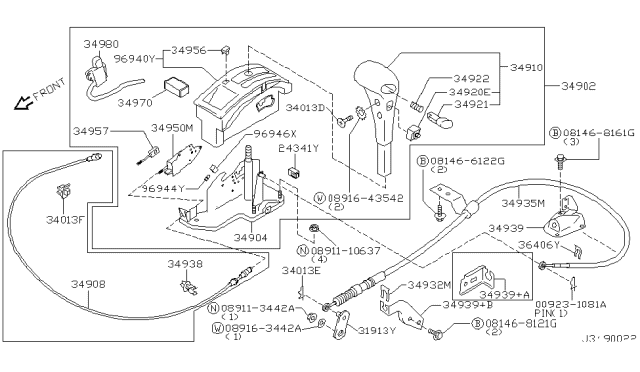 2000 Nissan Pathfinder Knob Assembly-Control Lever Auto Diagram for 34910-1W616