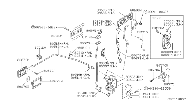 1987 Nissan Stanza Front Door Outside Handle Assembly, Left Diagram for 80607-D4510