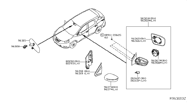 2016 Nissan Murano Mirror Assembly, LH Diagram for 96302-5AA4B