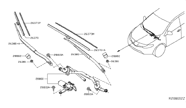 2019 Nissan Murano Windshield Wiper Arm Assembly Diagram for 28886-5AA0A