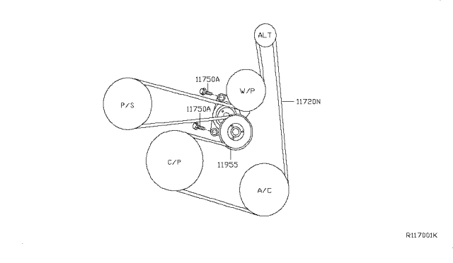 2007 Nissan Altima Fan,Compressor & Power Steering Belt Diagram 1