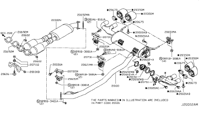 2017 Nissan GT-R Exhaust Muffler Assembly Diagram for 20300-KJ20A